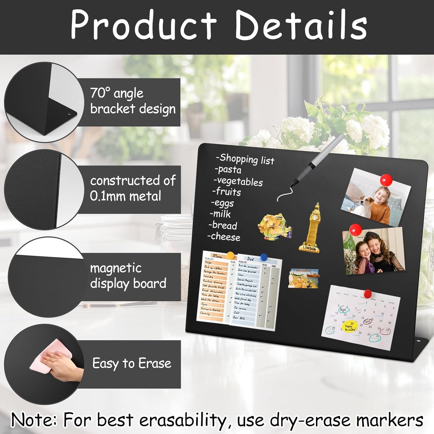 Geyoga 2 Pack Magnetic Bulletin Board with Stand, 16 x 12 Inch Black Magnet Display Board for Memo, Menu, Notes, Photos, for Kitchen Countertop, Office Desk, School