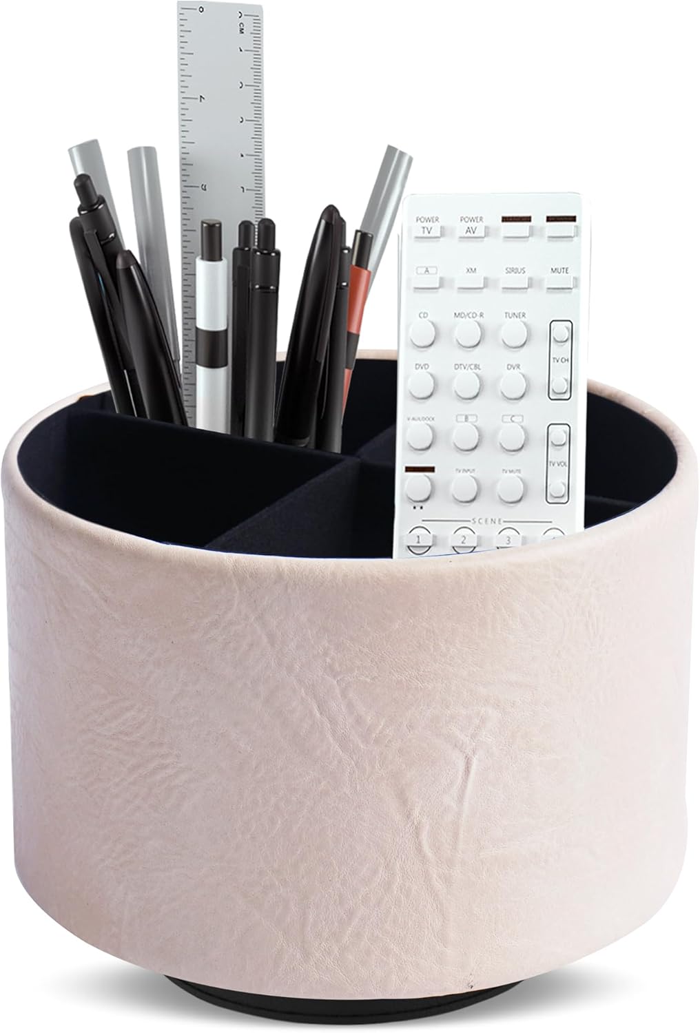 Round Leather Art Supply Organizer,Remote Control Holder,360 Degree Rotating,Multi-Functional Pencil Holder,4 Compartments Desktop Stationary Organizer(1-Fractal Flower) | Round - Colors A