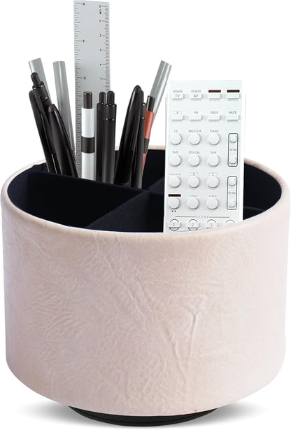Round Leather Art Supply Organizer,Remote Control Holder,360 Degree Rotating,Multi-Functional Pencil Holder,4 Compartments Desktop Stationary Organizer(1-Fractal Flower) | Round - Colors A