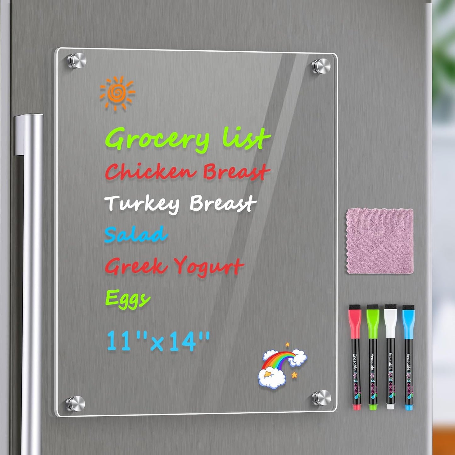 MaxGear 12"x8" Acrylic Magnetic Whiteboard for Fridge, Small Clear Refrigerator Dry Erase Board with 4 Markers and 1 Cloth, Smooth Writing and Easy Cleaning Blank Memo Grocery List for Home Planner