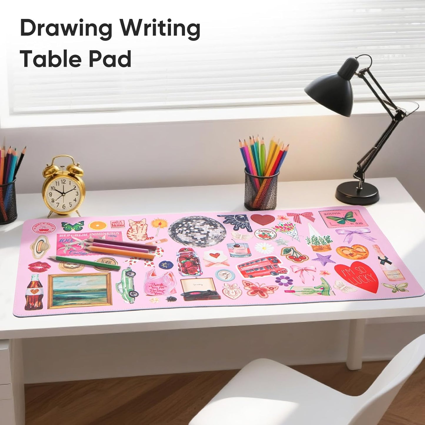 Pink Desk Mat, Leather Desk Pad Blotter Protector, XXL Large Mouse Pad,Computer Laptop Mouse Pads for Desktop,Waterproof Writing Anti-Slip Mousepad for Office and Home I Colorful Stickers