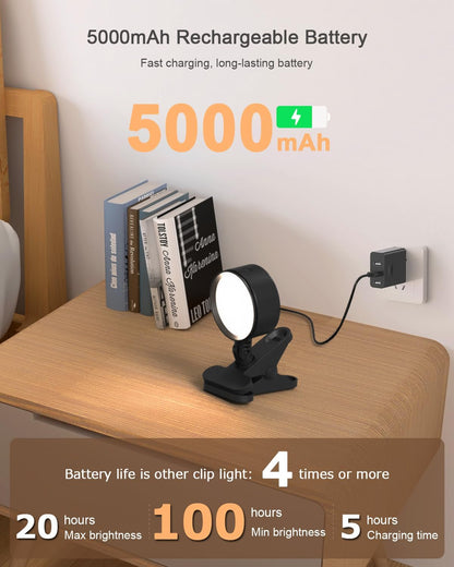 Clip on Light with 5000mAh Rechargeable Battery Operated, Eye Care Reading Light for Bed with 360° Rotation Touch & Remote, USB Clamp Light with 3 Color Modes & Dimmable for Headboard Bedside (white)