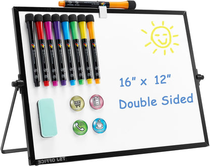 TSJ OFFICE Small White Board - 12 X 16 Inches Small Magnetic Dry Erase Board with Hooks for Wall, Desktop Whiteboard Stand 360 Degrees Revolving Double Sided for Office, Home, School, Silver