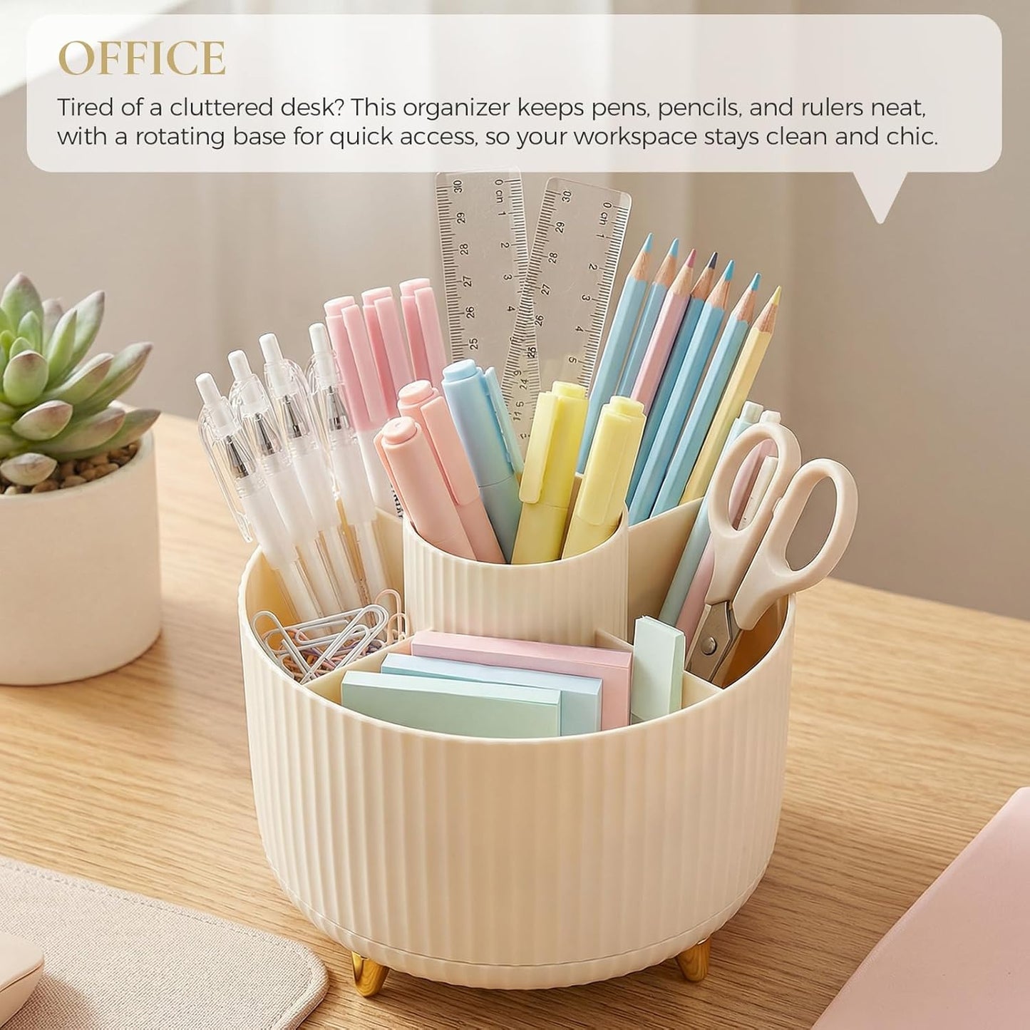 KONVINIT Pencil Pen Holder for Desk, 5 Slots 360 - Degree Rotating Desktop Organizer, Cute Desk Organizers and Accessories for School, Home, Office and Art Supply, Black