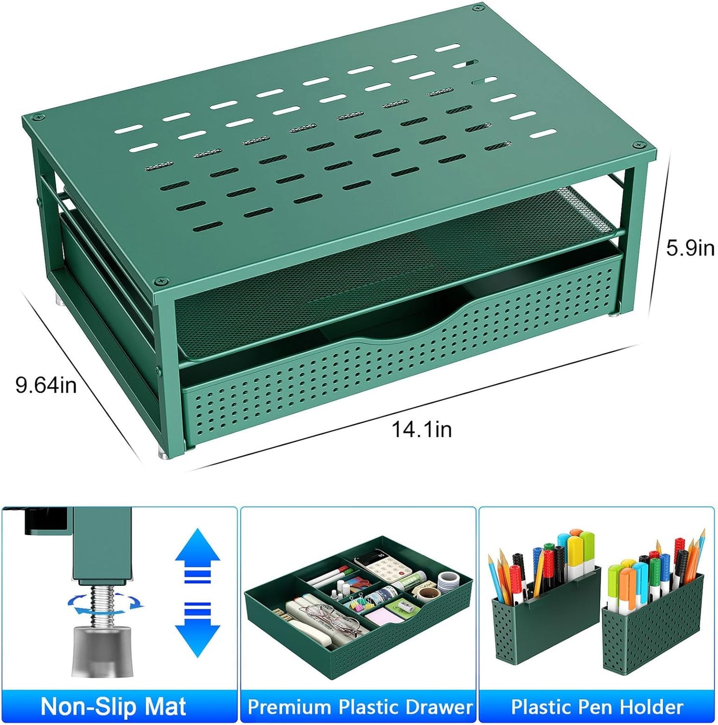gianotter Monitor Stand Riser, Office Desk Shelf Organizer, Desk Organizer with Drawer and Pen Holder, 2-Tier Computer Stand, Office Organization (Ink)