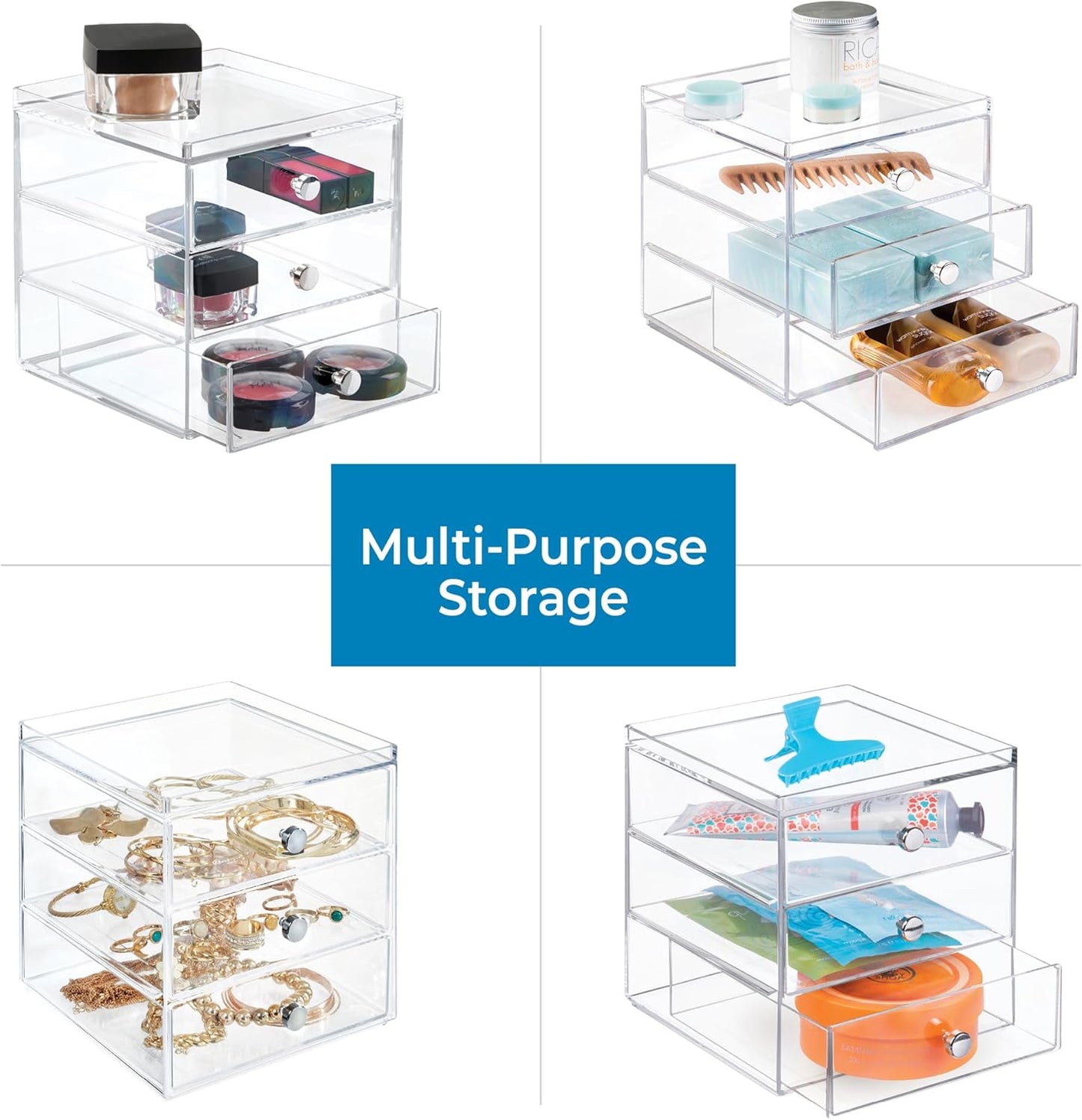 iDesign 3-Drawer Stackable Makeup Organizer - Small Clear Plastic Storage Drawers for Bathroom, Vanity, or Desk