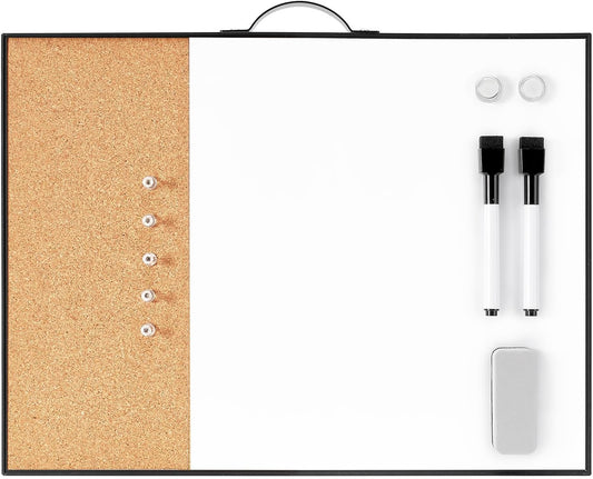 TSJ OFFICE Small Whiteboard Cork-Board - 16" X 12" Portable Aluminum Black Framed Magnetic Dry Erase Board, Small Bulletin Cork Board with Holder for Office, Home and School