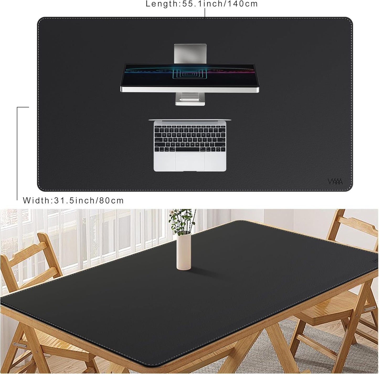Vyaaa PU Leather & Cork Desk Mat, 39.4"x15.7" Dual Sided Computer Desk mat, Waterproof Large Mouse Pad, Non-Slip Office Desk pad, Office Desk Protector for Work/Gaming/Home (Black)