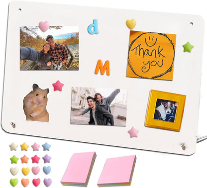 Desk Magnetic Message Board with Stand,11 x 7.9in Magnet Photo/Memo Display Board with Cute Fridge Magnets,Sticky Notes,for Home School Kitchen Office Desk Accessories (White)