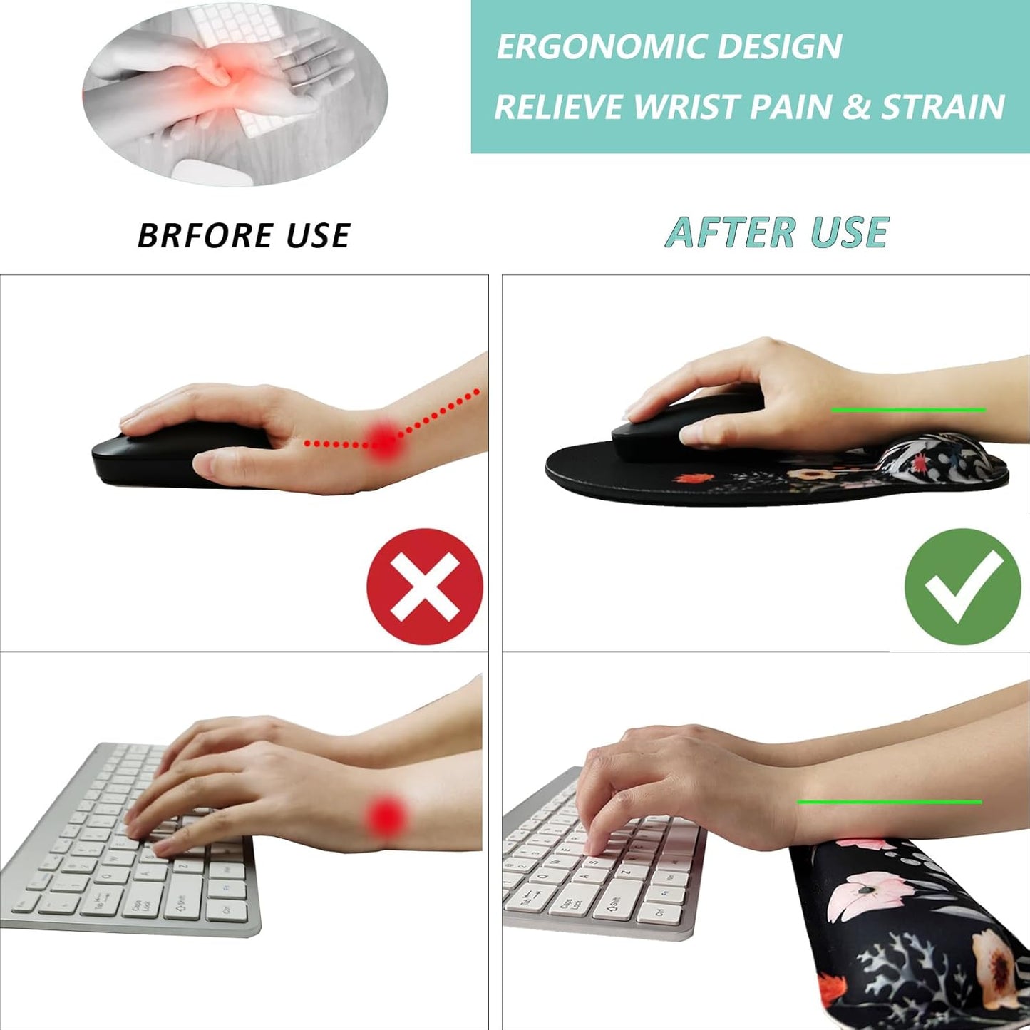 Keyboard Wrist Rest Pad Mouse Pad with Wrist Support Set of 3, Mousepad with Non-Slip Rubber Base, Ergonomic Memory Foam Mouse Wrist Cushion Support for Home Office Laptop Computer Gaming, Forest