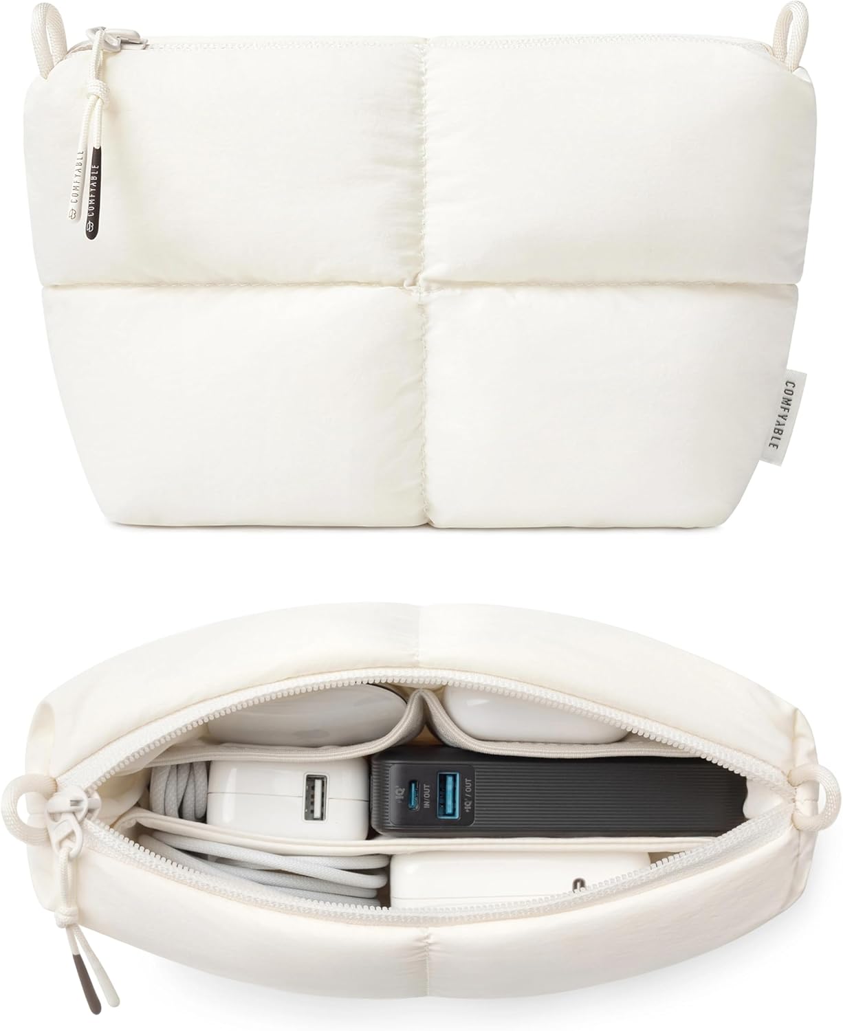 Comfyable Puffy Electronics Organizer Travel Case, Cute Tech Pouch for Women Men, Cable Storage Bag for Charger, Phone, Power Bank, Cord, Compact Tech Accessories Pouch, Rice