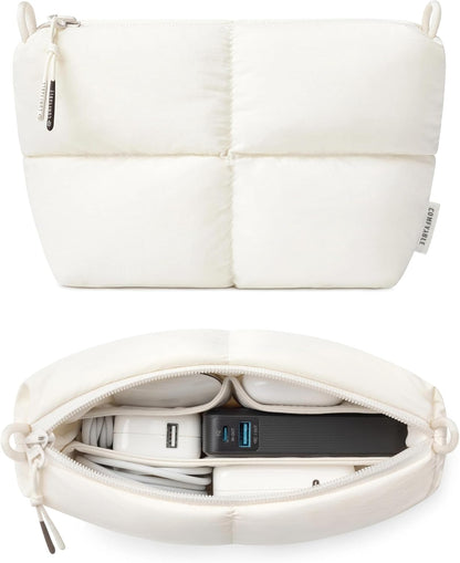 Comfyable Puffy Electronics Organizer Travel Case, Cute Tech Pouch for Women Men, Cable Storage Bag for Charger, Phone, Power Bank, Cord, Compact Tech Accessories Pouch, Rice