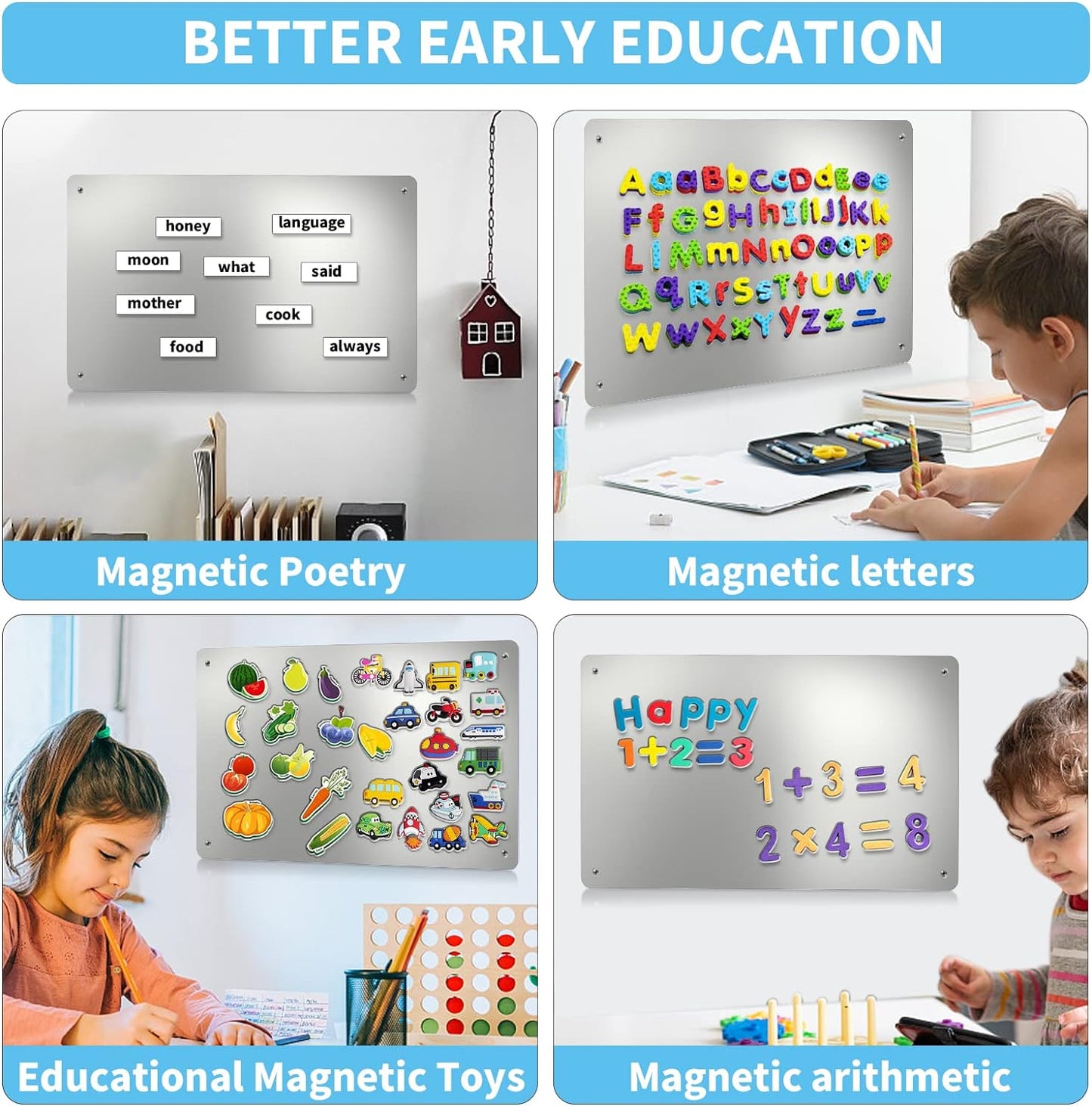 2Pack Magnetic Board,17.1" x 11.8" Magnet Display,for Magnets and Bulletin Board,Suitable for Wall, Refrigerator, Compartment, Cabinet etc,Comes with Dual Lock Tape for Easy Hanging (Silver)