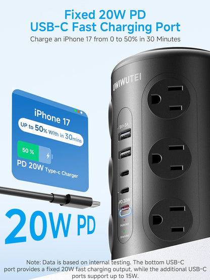 Tower Power Strip Surge Protector with 16 Outlets and 5 USB Ports (2 USB-C), 6FT Extension Cord with Multiple Outlets,Heavy Duty Charging Station,Home Office Dorm Room Essentials. No Wireless Charging