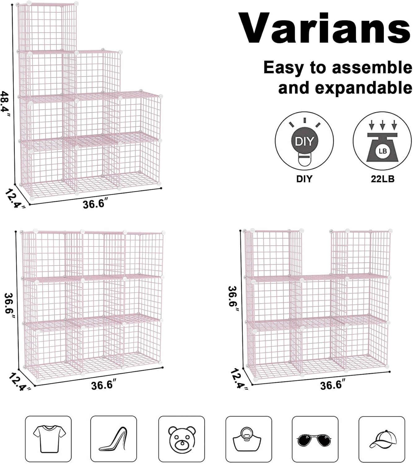 C&AHOME Wire Cube Storage, 6 - Cube Organizer Metal C Grids, Modular Shelves Units, Storage Bins Shelving, Closet Organizer, Ideal for Home, Office, Living Room, 36.6”L x 12.4”W x 36.6”H Black