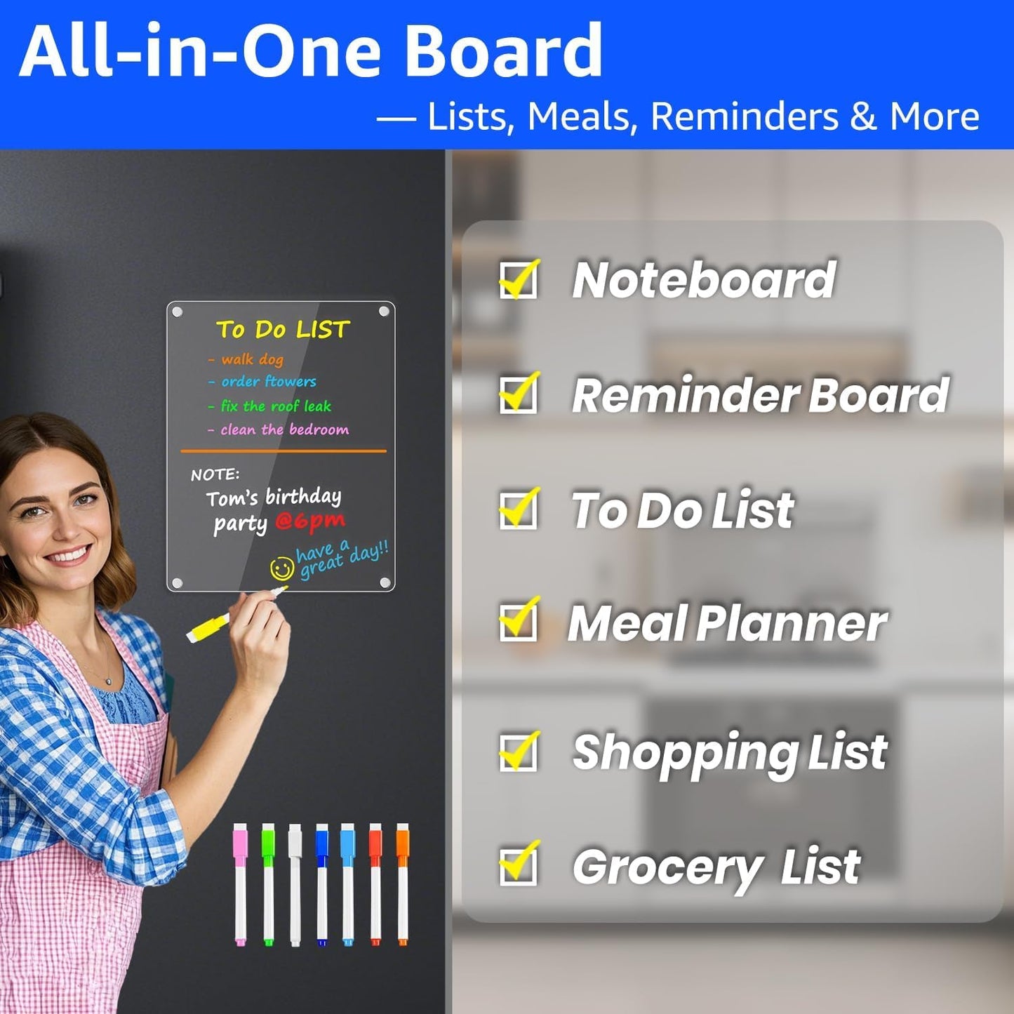 PigPotParty Acrylic Magnetic to Do List Whiteboard for Refrigerator, 12x9.5 Inch Clear Dry Erase Checklist Board, 3-Column Fridge List with Pre-Installed Embedded Magnet, 8 Markers and 1 Towel