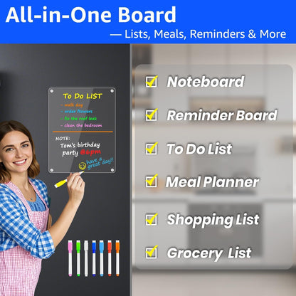 PigPotParty Acrylic Magnetic to Do List Whiteboard for Refrigerator, 12x9.5 Inch Clear Dry Erase Checklist Board, 3-Column Fridge List with Pre-Installed Embedded Magnet, 8 Markers and 1 Towel