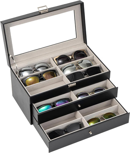 ProCase 3-layer Sunglasses Storage Organizer, 18 Slots Leather Sunglass Box Multiple Pairs Eyeglass Cases Eye Glass Eyewear Display Holder for Men Women, Valentine's Day Gift -Black