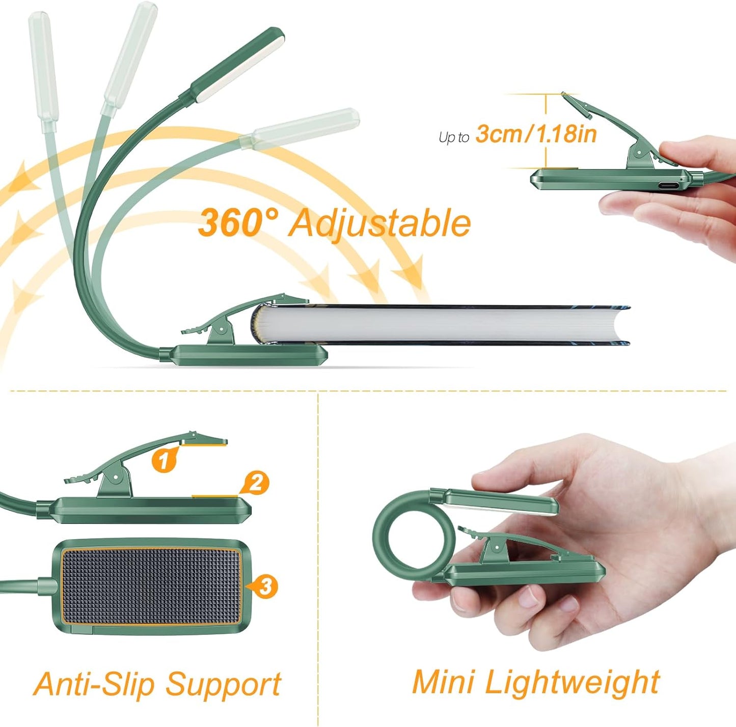 Gritin 9 LED Rechargeable Book Light for Reading in Bed - Eye Caring 3 Color Temperatures,Stepless Dimming Brightness,80 Hrs Runtime Small Lightweight Clip On Book Reading Light for Studying