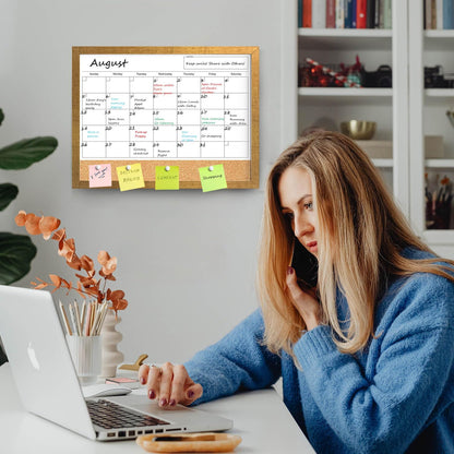 Calendar Whiteboard for Wall, TANKEE 17x13 Inches Whiteboard Calendar Cork Board Combo, Small Magnetic White Board with Wood Framed, Hanging Dry Erase Board for Kitchen Home Office School Planner