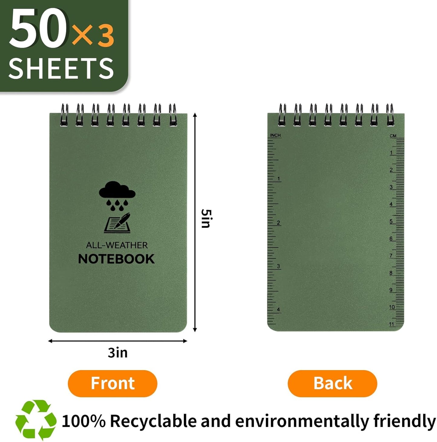 COIDEA 3 Pack Waterproof Notebook, 3 x 5 Pocket Notepad, All Weather Small Pocket Notebook Paper, Mini Spiral Notepad Police Notepad 100 Lined Pages for Outdoor Office