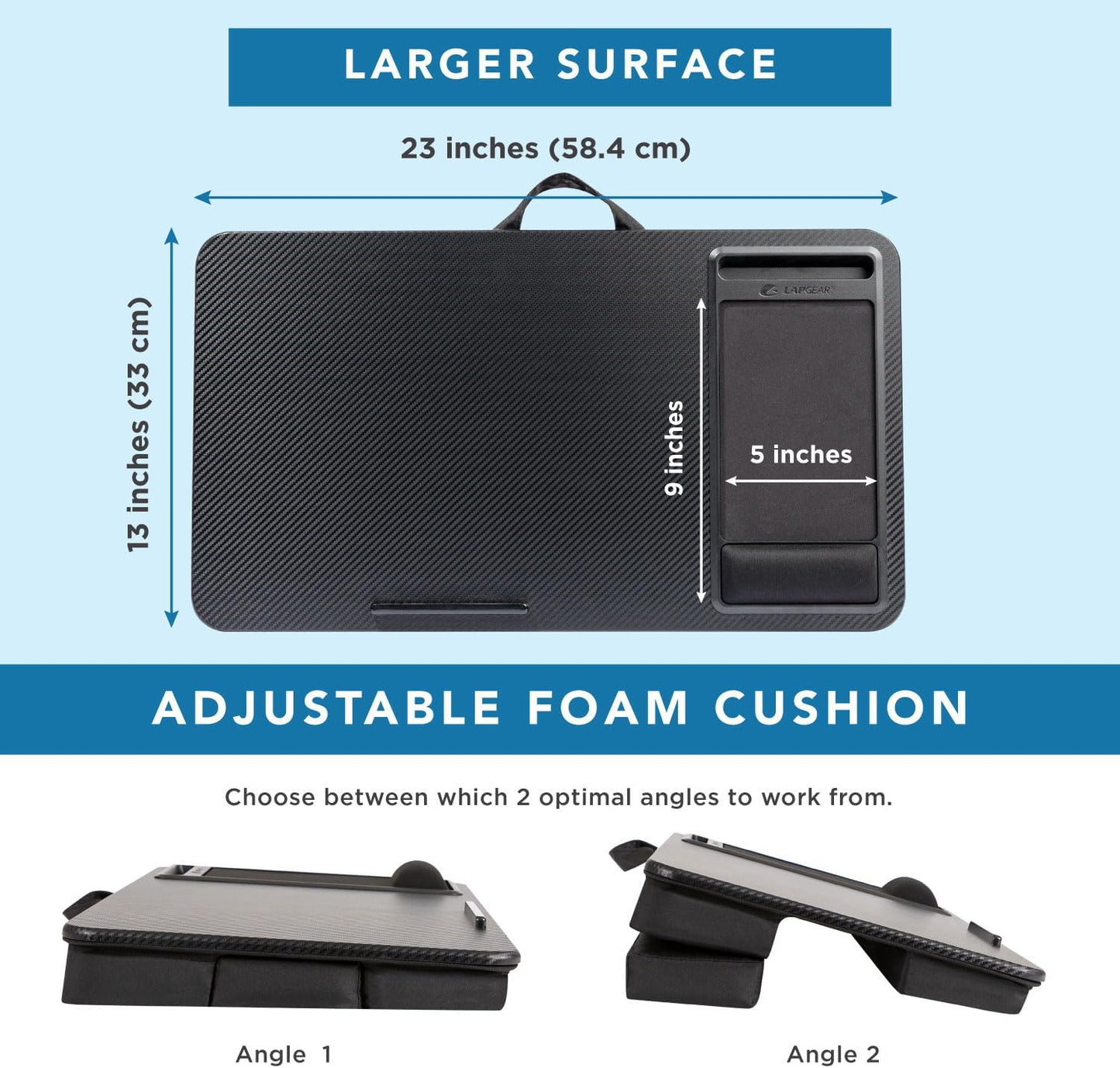 LAPGEAR Extra Large Adjustable Lap Desk – Fits Laptops up to 17.3”, Adjustable Cushion, Memory Foam Wrist Rest, Mouse Pad, Device Ledge, & Phone Slot – Black Carbon - Style No. 88108
