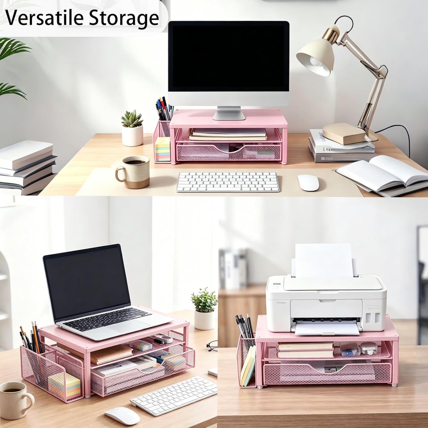 Spacrea Desk Organizer and Accessories, Computer Monitor Stand Riser with Drawer and 2 Pen Holders, Office Desk Accessories & Workspace Organizers for Office Supplies (Wood)