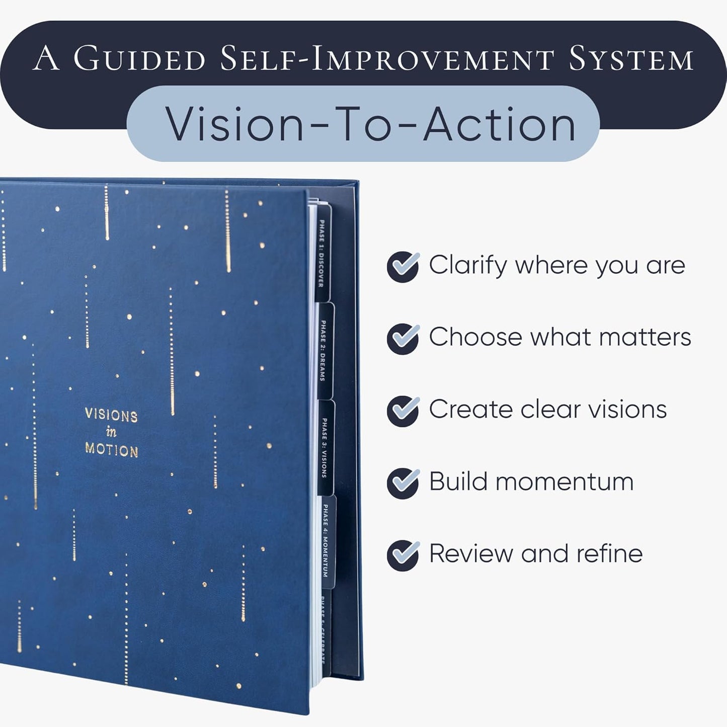 Vision Board Kit & Guided Manifestation Journal | Goal Planner & Habit Tracker, Self Care & Reflection Tools | Undated Vegan Leather Hardcover | Visions in Motion Portable Vision Board