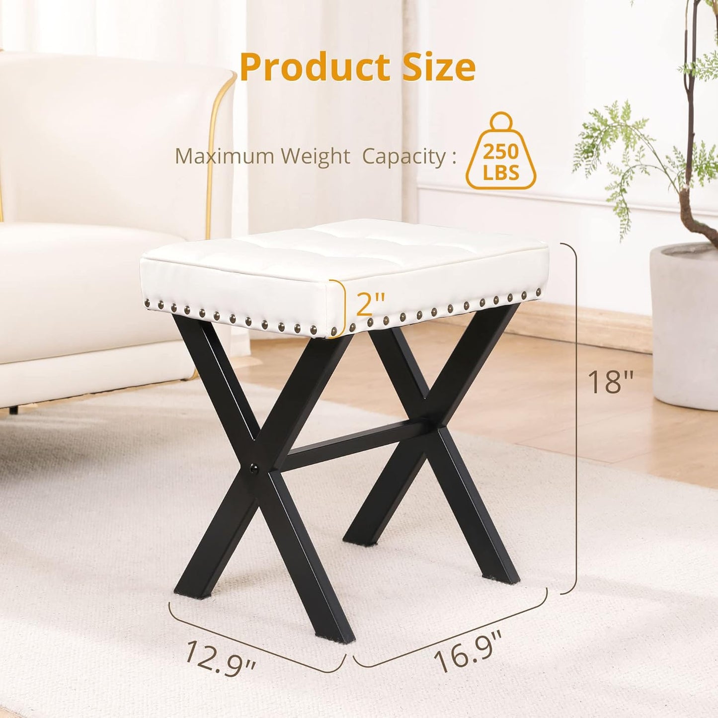 LUE BONA Square Linen Makeup Stool, Metal X Legs, Small Ottoman Stool Chair for Vanity, Modern Padded Seat Foot Rest for Makeup Room, Bathroom