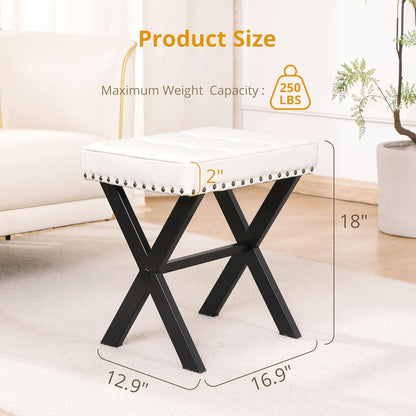 LUE BONA Square Linen Makeup Stool, Metal X Legs, Small Ottoman Stool Chair for Vanity, Modern Padded Seat Foot Rest for Makeup Room, Bathroom