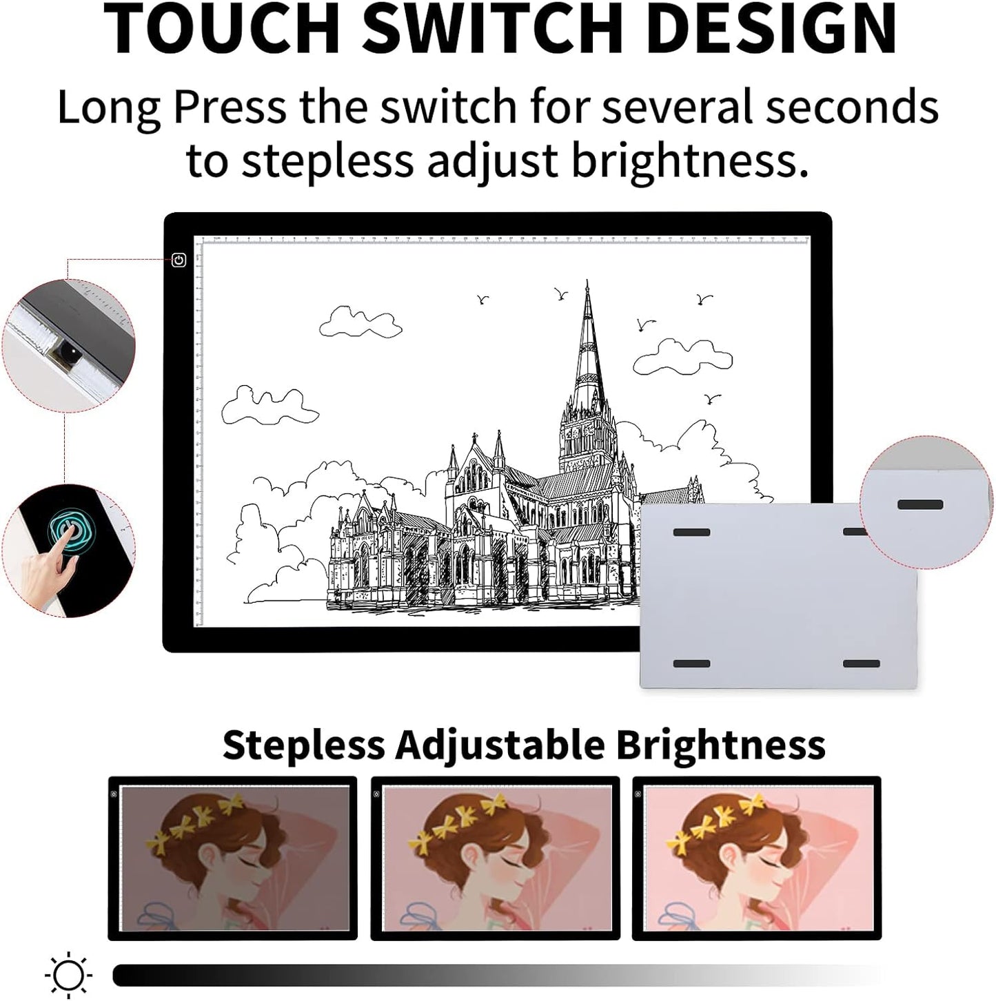 A4 Wireless LED Light Pad with Carry Bag, Innovative Stand and Top Clip, TOHETO Rechargeable Light Box Stepless Dimmable and 6 Levels Brightness Cordless Light Board for Tracing Weeding Vinyl (Black)