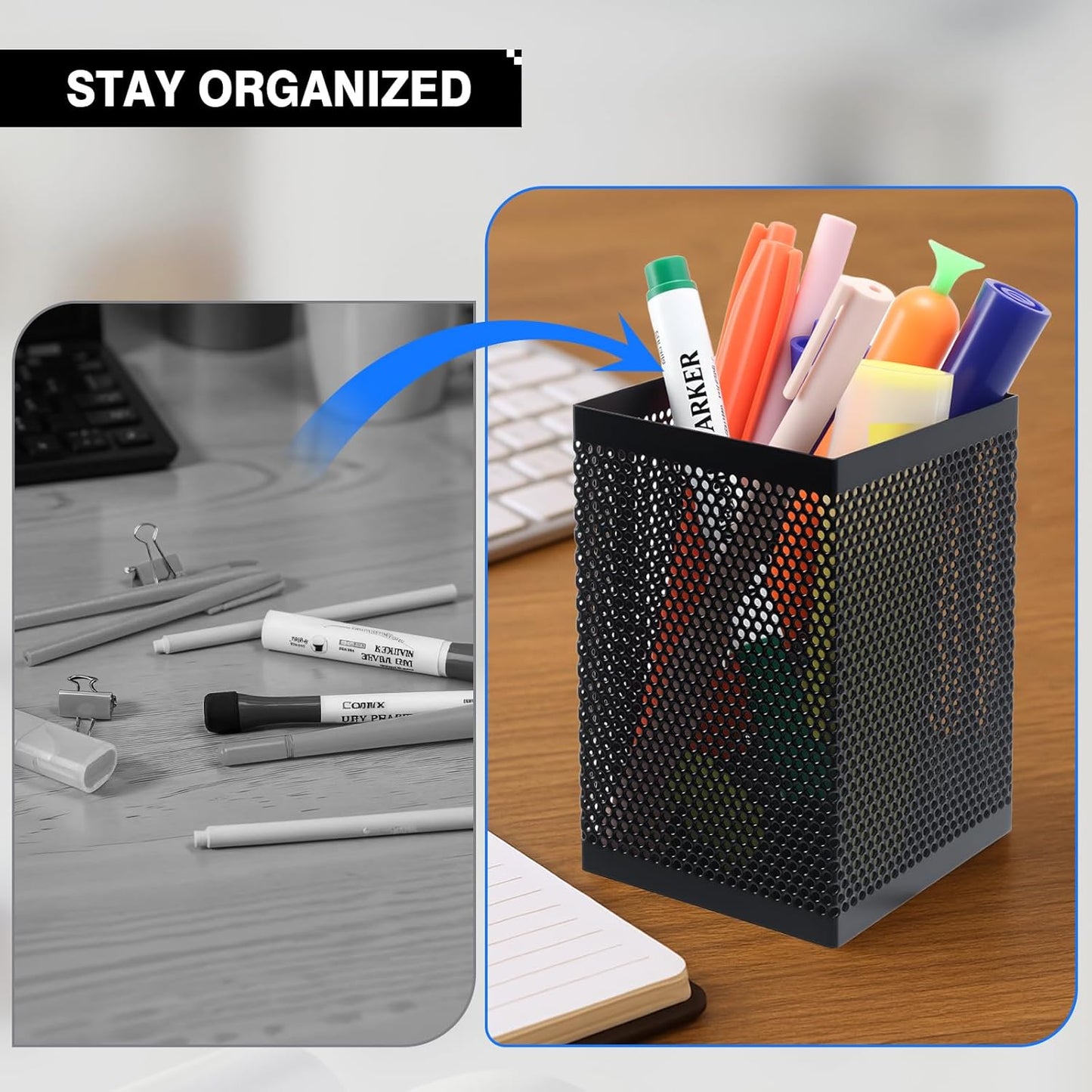 Comix Pen Holder Desk Organizer, Wire Mesh Pencil Cup with Foam Pad and Non-Slip Bottom Office Supplies Desk Accessories for Home Office School, 1 Pack
