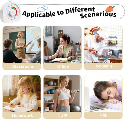 Visual Timer for Kids and Adults 60 Min/12 Hour Rechargeable Countdown Timer with Magnetic Sticker and Mute Function Kids Pomodoro Timers for Classroom Office Kitchen Silent Operation & Rainbow Disk