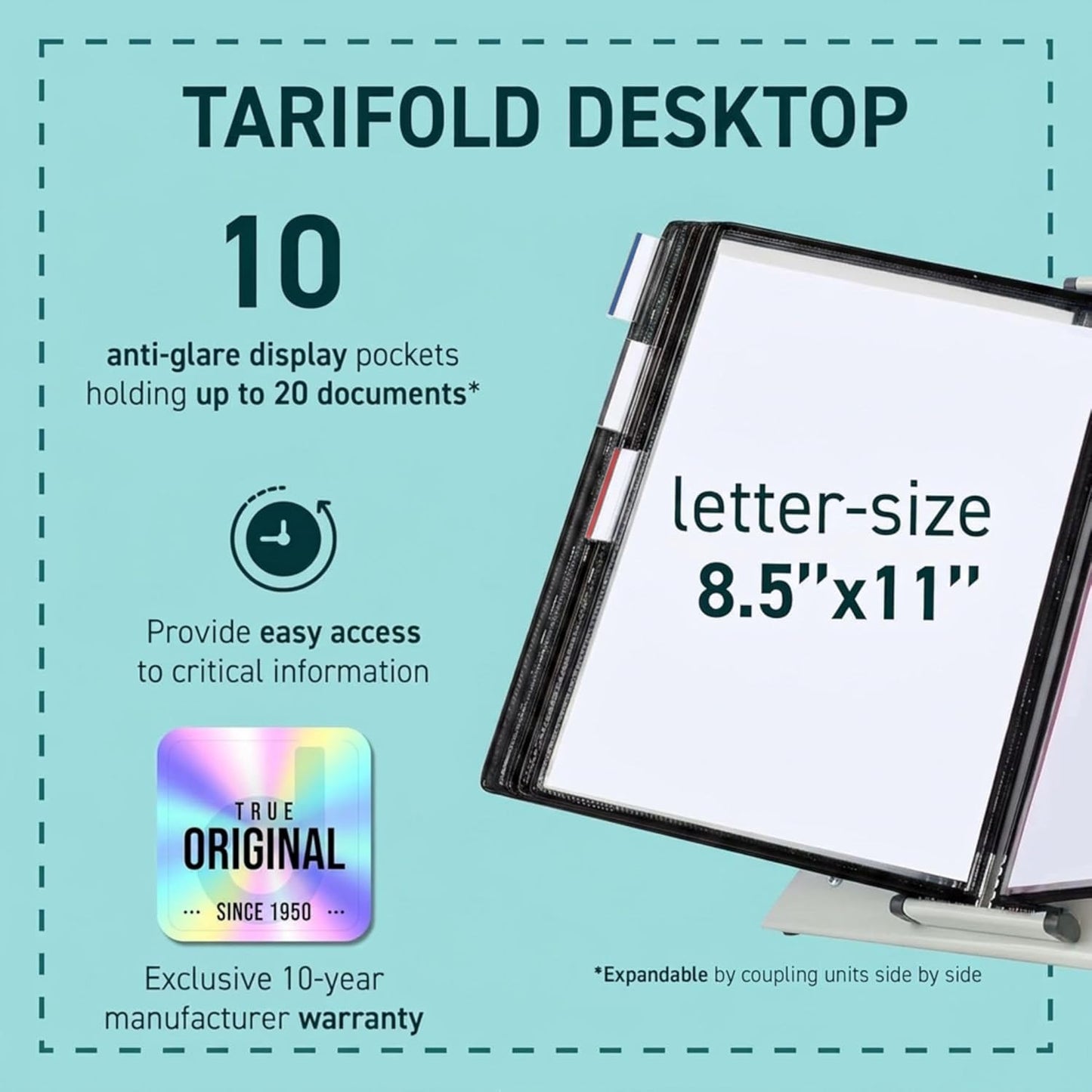 Tarifold Desktop Reference Organizer & Display System, 10 Double-Sided Pockets, 20 Sheet Capacity, Expandable, Durable Steel Wire Frames, Letter Size, Made in France, Black