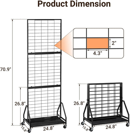 ELYKEN Foldable Grid Wall Panels 5.7' x 2' FT, Movable Wire Gridwall Display Rack with Wheels and Adjustable Foots, Retail Display Stand for Vendor with Storage (Rustic Brown)