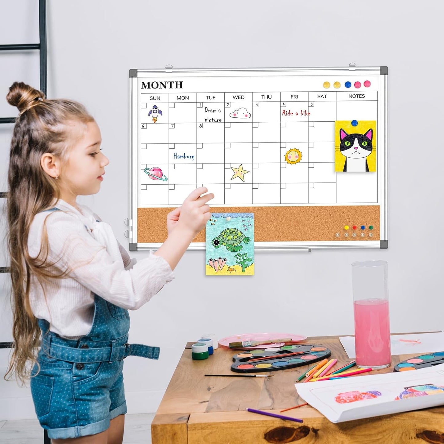 Weekly Dry Erase Calendar Whiteboard for Wall, 24" x 18" Double-Sided Weekly Planner White Board Cork Combo, Hanging & Wall Mount Week Bulletin Board with Notes for Home, Office, School, Kitchen