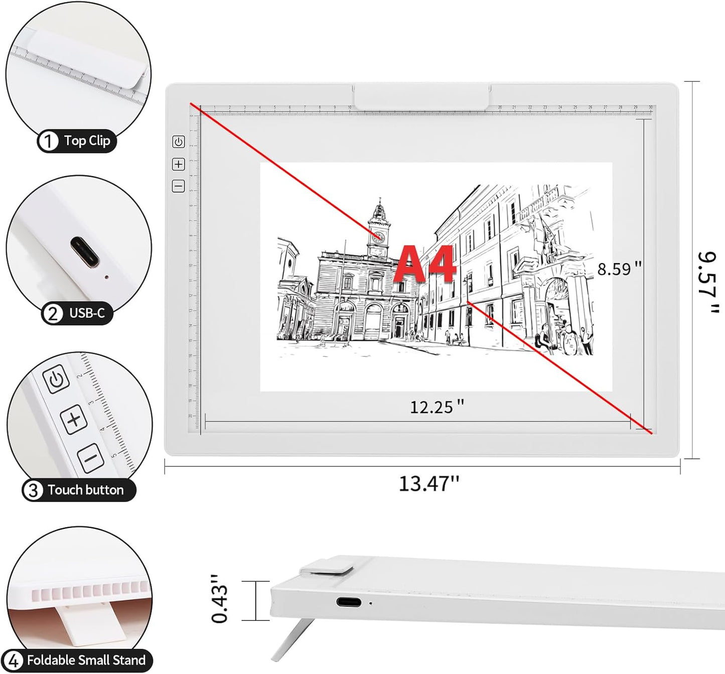 Rechargeable A4 Light Pad - Stepless Dimmable 6 Levels Brightness Tracing Light Box, Diamond Painting Light Board with Top Clip, Battery Powered Portable Light Pad for Weeding Vinyl Tracing
