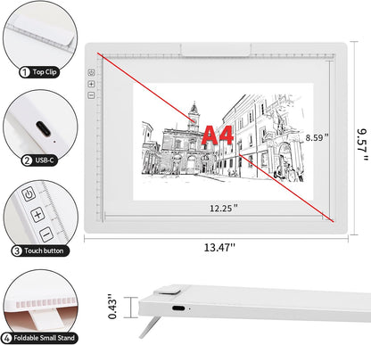 Rechargeable A4 Light Pad - Stepless Dimmable 6 Levels Brightness Tracing Light Box, Diamond Painting Light Board with Top Clip, Battery Powered Portable Light Pad for Weeding Vinyl Tracing