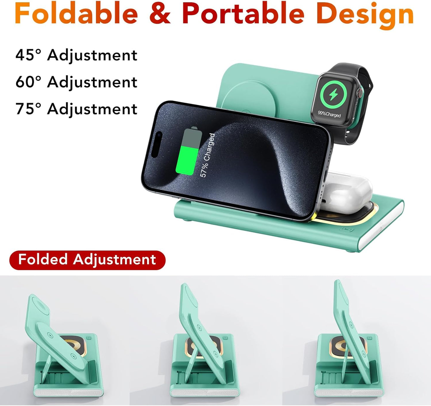 3 in 1 Foldable Charging Station for Apple Products,Wireless Charger for iPhone 17 16 15 14 13 12 Pro Max,Travel Dock Adapter&Light for iWatch Series 11 10 9 Ultra 3/2 SE 3/2,for AirPods 4 3 2 Pro 3/2