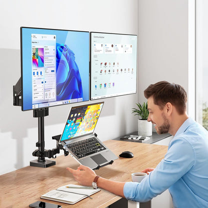 WALI Single Arm Laptop and Monitor Desk Mount for 17" Notebook and Up to 32" Screen, 2-in-1 Adjustable Monitor Arm with Laptop Tray, VESA 75x75 100x100,Holds 22-26.4 lbs, Black (GSMP001NLP)