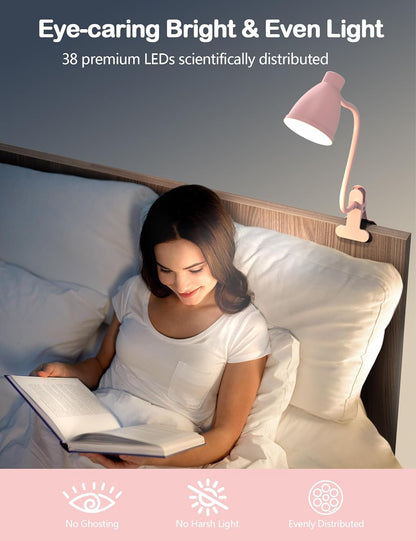 BOHON Clip on Light, 10W 38 LED Desk Lamp with Clamp, 5 Color 10 Brightness Auto Off Timer, Flexible Neck Clip Lamp, Desk Lights for Office Home Bed Bedside Reading, Bright Yellow