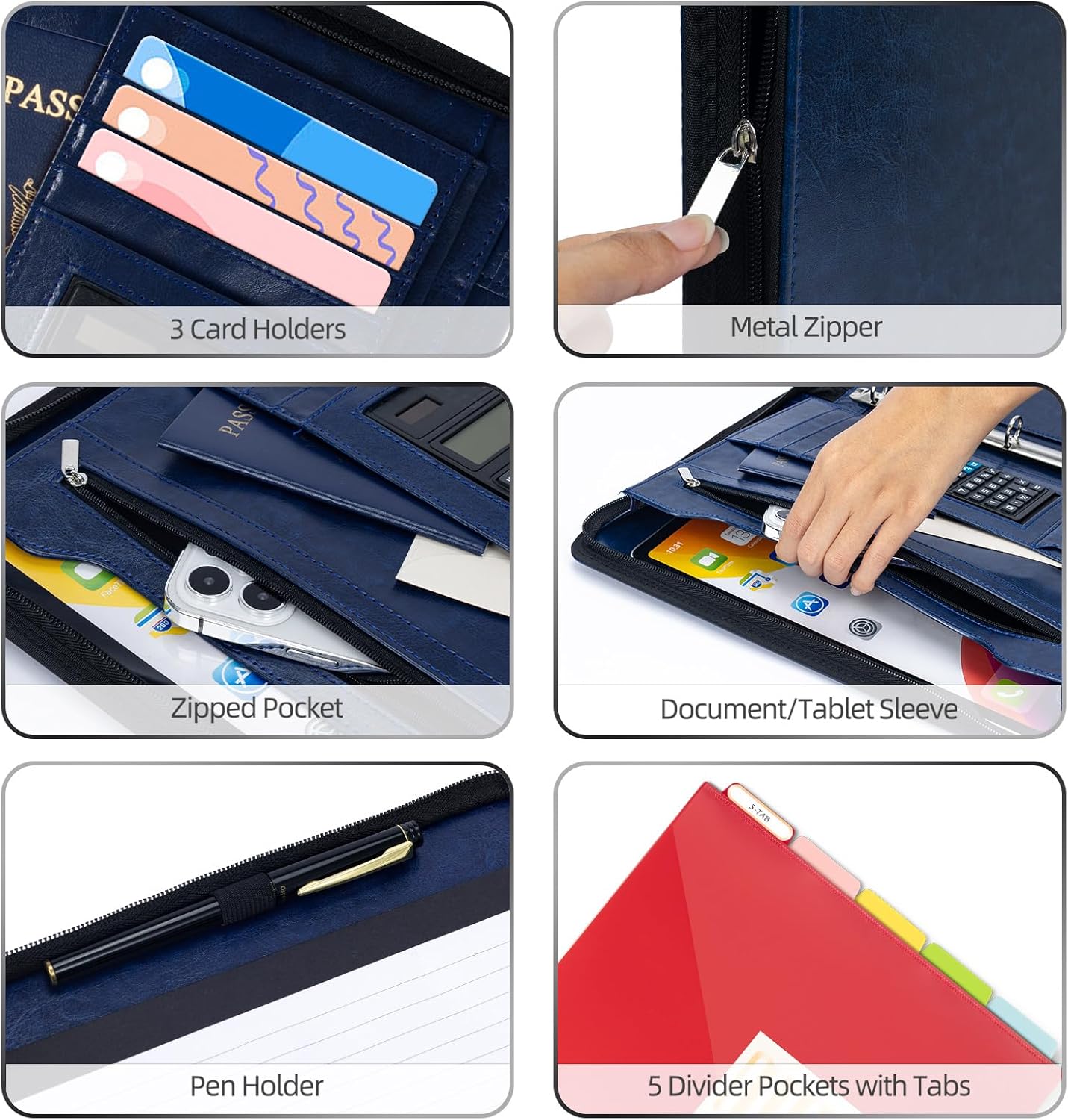 Ospelelf Zippered Padfolio Portfolio Folder, Leather Clipboard with Storage, 3 Ring Binder 1 Inch,12.1” Tablet Sleeve, 5 Dividers with Pocket, Refillable Notepad, Card Slot (Classic Black)