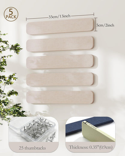 JBER Felt Strip Board 5 Pack 13"x2", Cork Board Alternative Pin Bulletin Board, Self-Adhesive Vision Board with 25 Push Pins for Walls, Office & Home Decor(Light Camel)