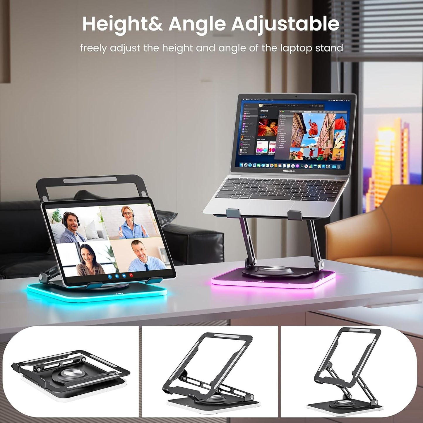 JOYEKY Laptop Stand for Desk, Adjustable Computer Stand with 360° Rotating Base, Ergonomic Laptop Riser for Collaborative Work, Foldable & Portable Laptop Stand, fits for All 10-16" Laptops
