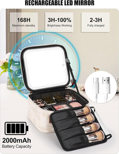 Relavel Travel Makeup Bag With LED Mirror, Cosmetic Train Case with Light up Mirror, Portable Makeup Artist Organizer Bag with Adjustable Dividers, Makeup Brush Holder Storage, Black