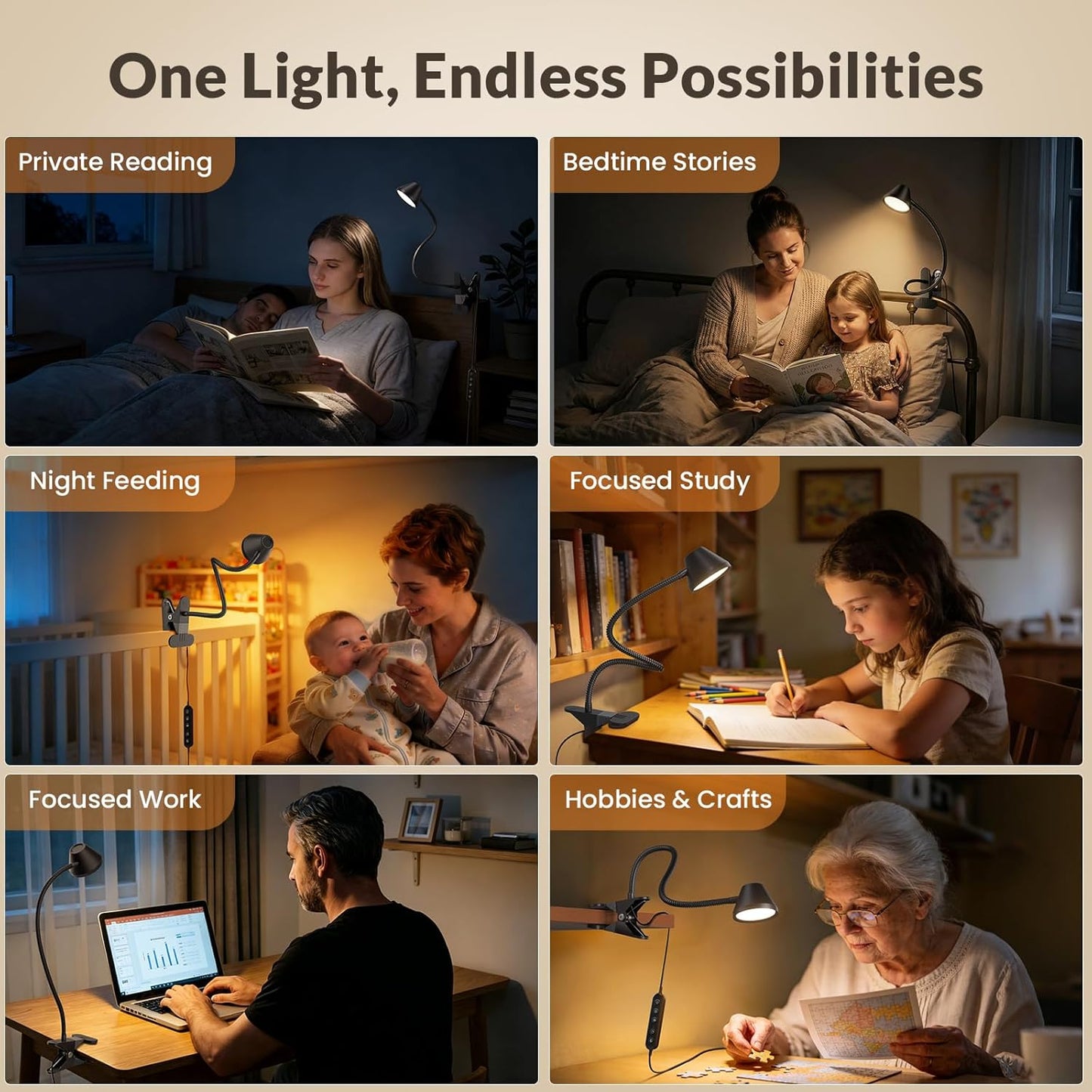 LEPOWER Clip on Light, 7W Reading Lights for Books in Bed with 5 Colors & Stepless Dimming, RG0 Eye-Care, Amber Glow Light & Auto Timer, Strong Clamp with Adapter for Headboard, Bedside, Desk, Black
