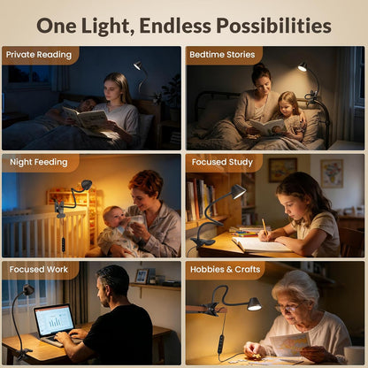 LEPOWER Clip on Light, 7W Reading Lights for Books in Bed with 5 Colors & Stepless Dimming, RG0 Eye-Care, Amber Glow Light & Auto Timer, Strong Clamp with Adapter for Headboard, Bedside, Desk, Black
