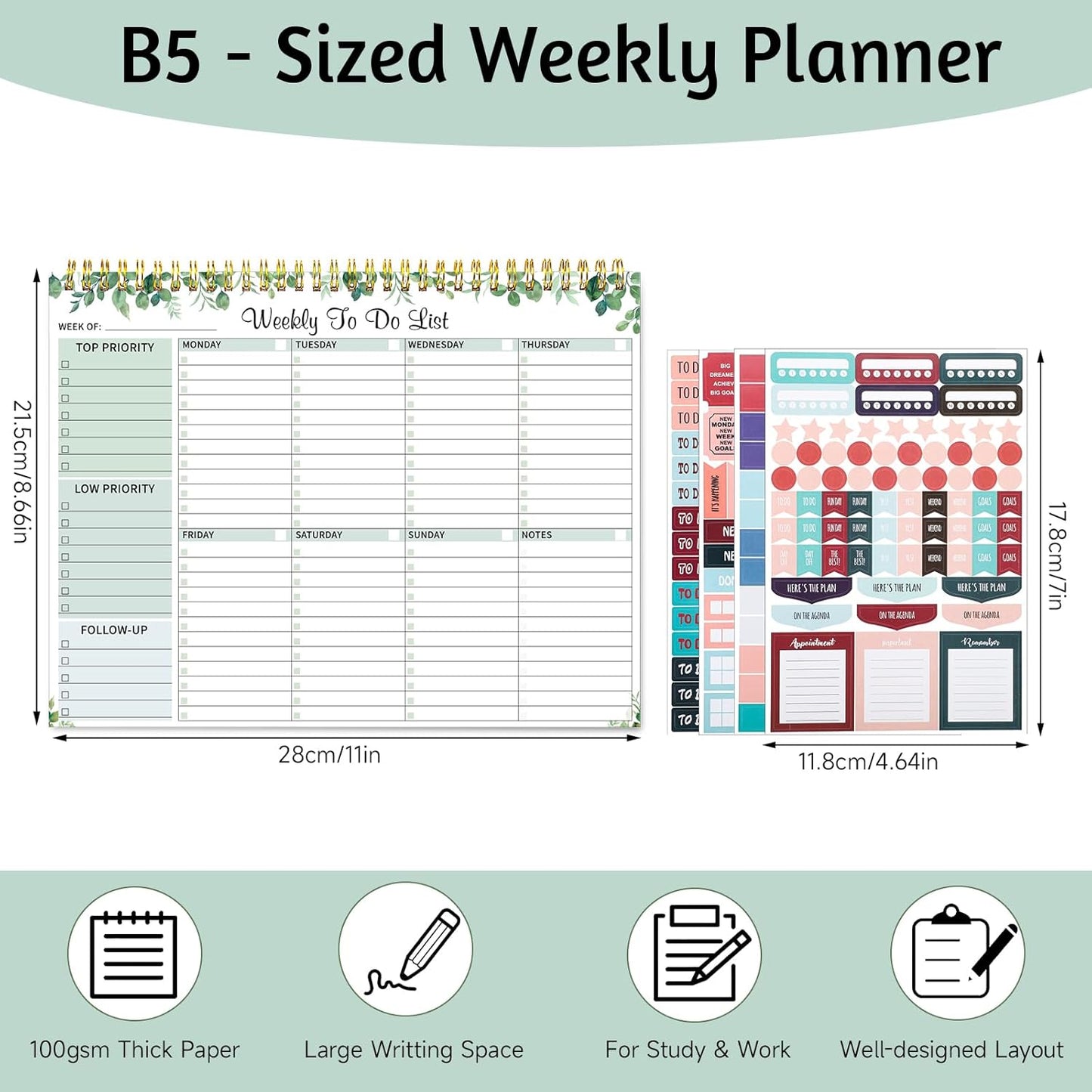 Weekly To Do List Notepad, 8.5''x11'' Weekly Desk Planner with 52 Tear Off Sheets Undated Weekly Planner Habit Tracker & Productivity Organizer for Home School and Work, Light Green
