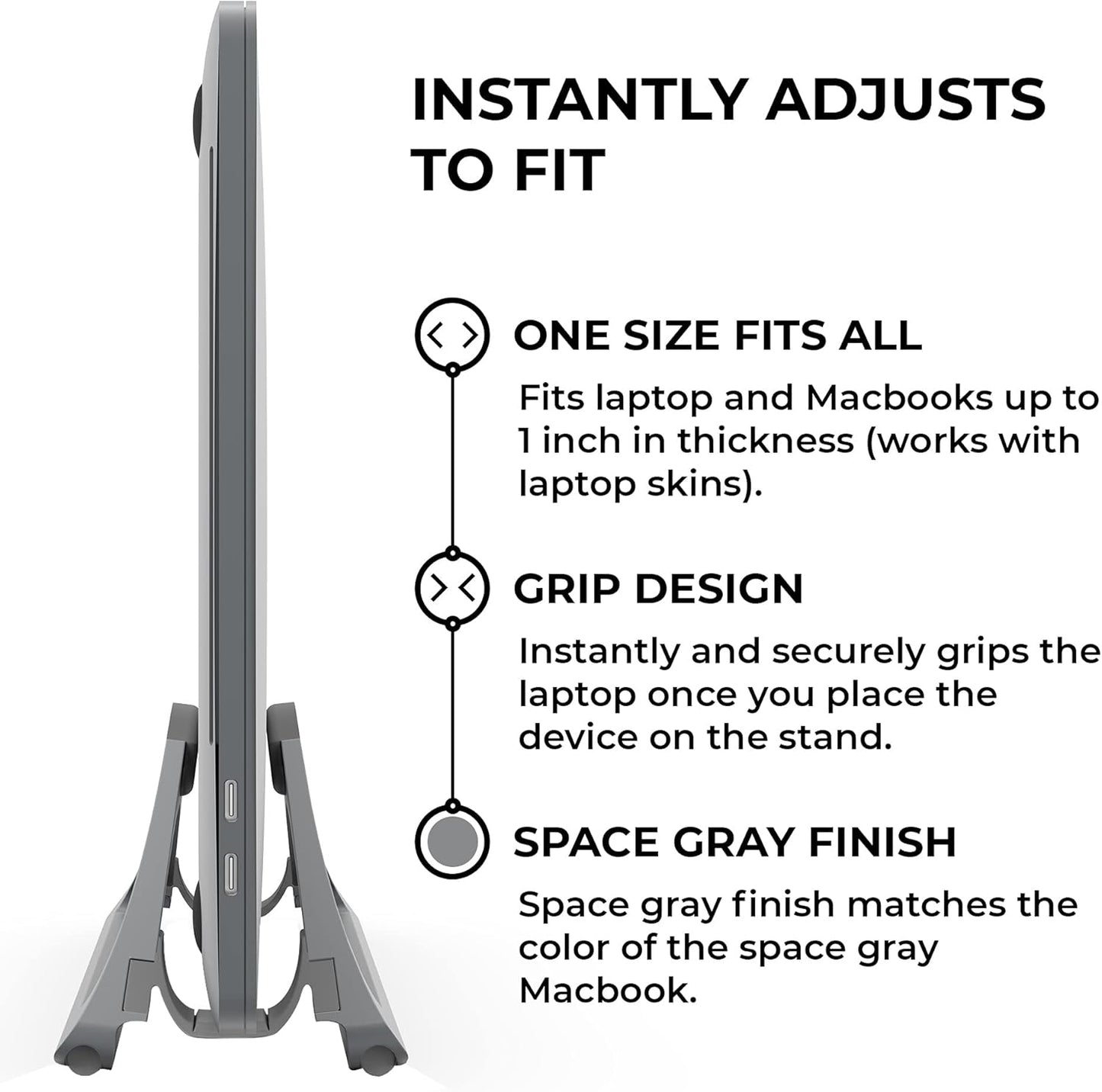 HumanCentric Vertical Laptop Stand for Desks in Matte Black, Upright Adjustable Holder to Dock Apple MacBook Stand, and Other Laptops to Organize Work & Home Office, Automatic Grip