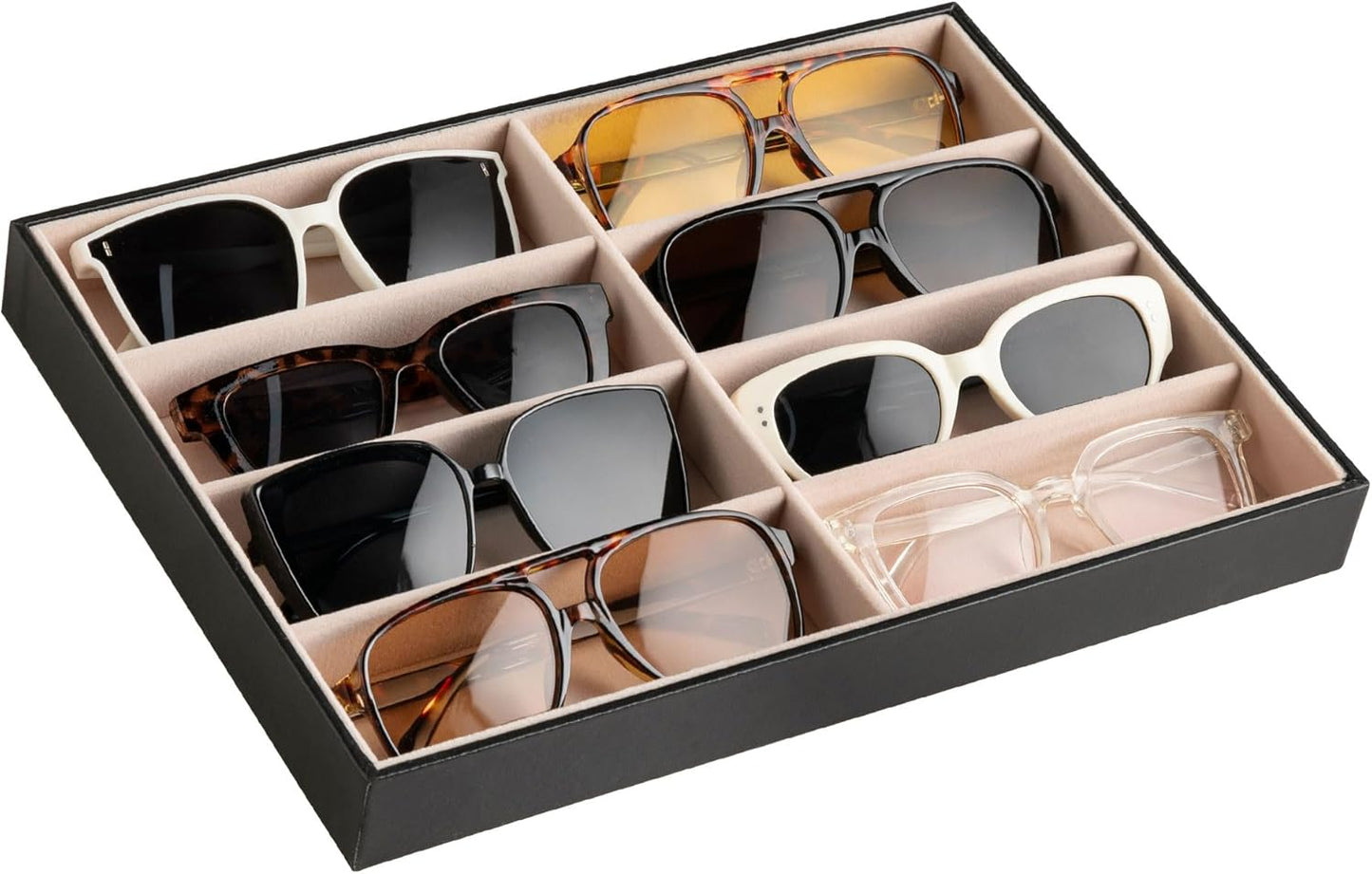 Frebeauty Sunglass Organizer,PU Leather Glasses Organizer,8-Slot Sunglasses Tray,Men's/Women's Sunglasses Box,Sunglass Case,13.3 x 9.6 x 1.5 Inches,Eyeglass/Eyewear Display Tray(Grey)
